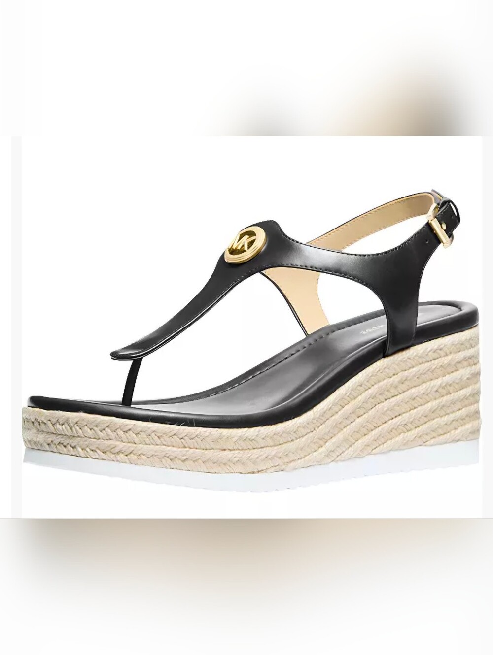 Michael Kors Blue Leather Thong Espadrille Wedge Sandals with Gold Logo